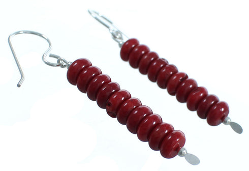 Southwest Coral Sterling Silver Bead Hook Dangle Earrings RX115174